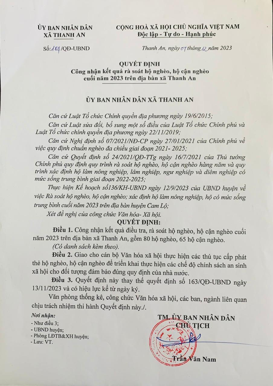 Quyết định Công nhận kết quả rà soát hộ nghèo, hộ cận nghèo cuối năm 2023 trên địa bàn xã Thanh An